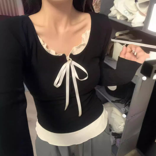 Aesthetic Lace Trim Tie Long Sleeve Slim Tee