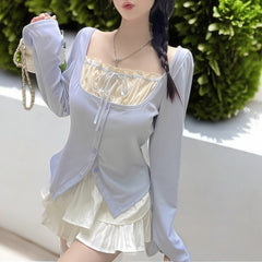 Aesthetic Bow Patchwork Long Sleeve Tee