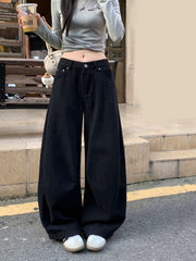 Black Wide-Leg Jeans High Waist Banana Curved Cut Loose Denim Trousers