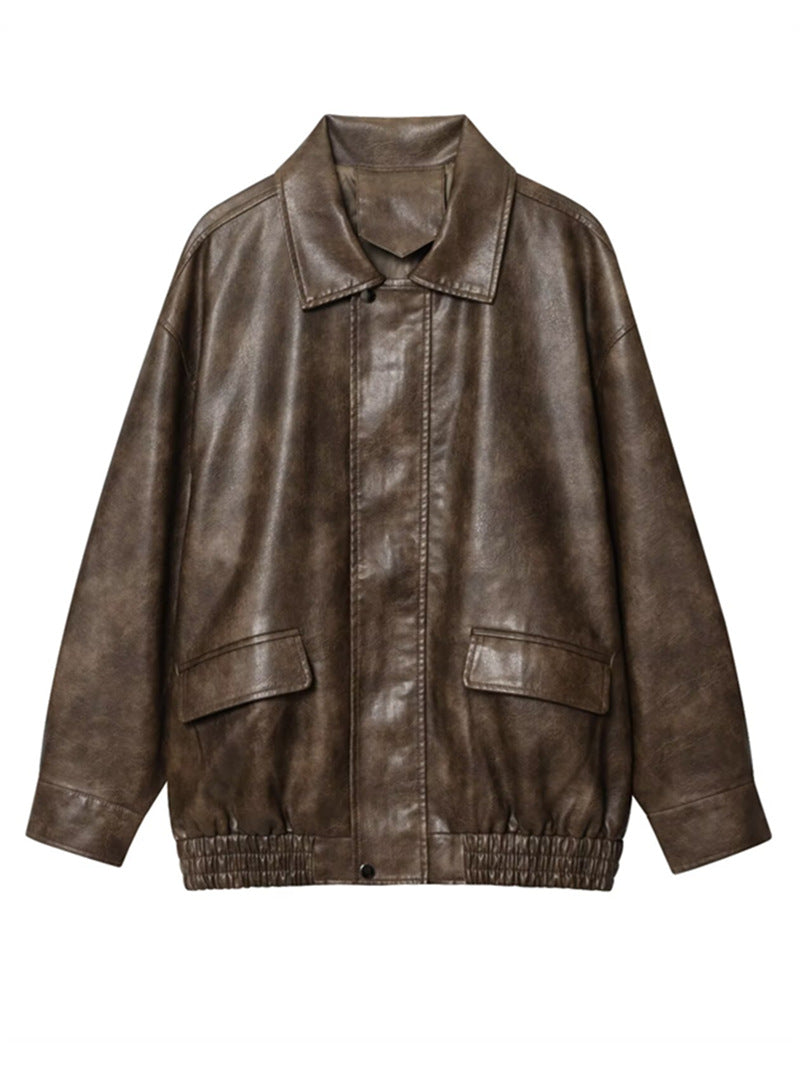 Basic PU Mid-Length Leather Jacket