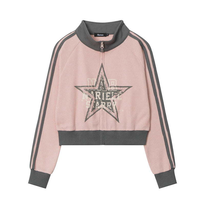 Contrast Color Star Letter Print Short Jacket - fairypeony
