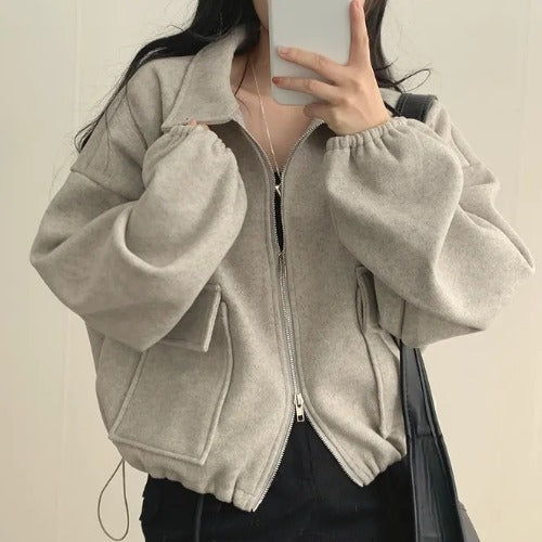 Solid Color Loose Double Pocket Wool Jacket - fairypeony