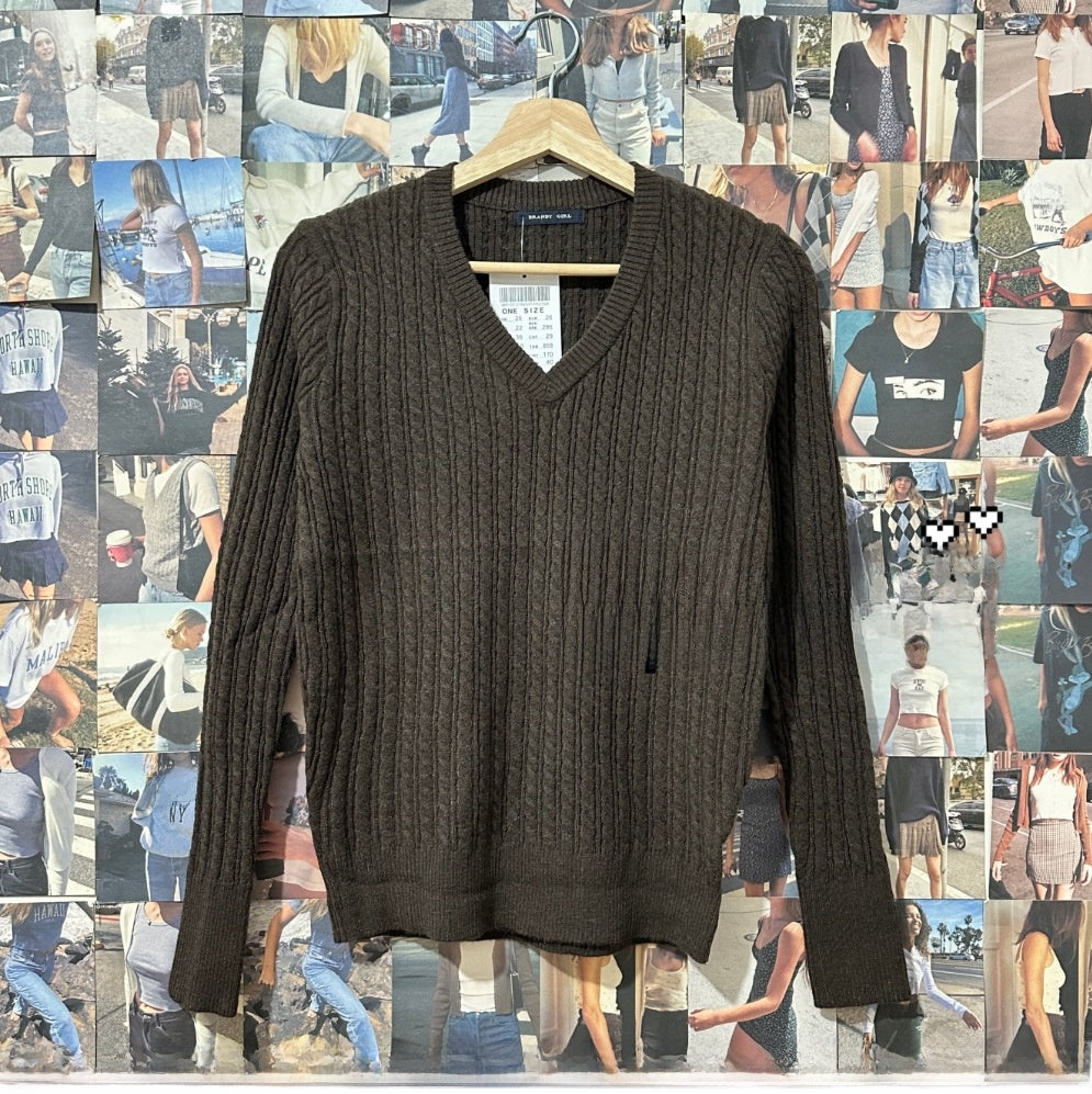 Women's V-Neck Cable Knit Long Sleeve Sweater