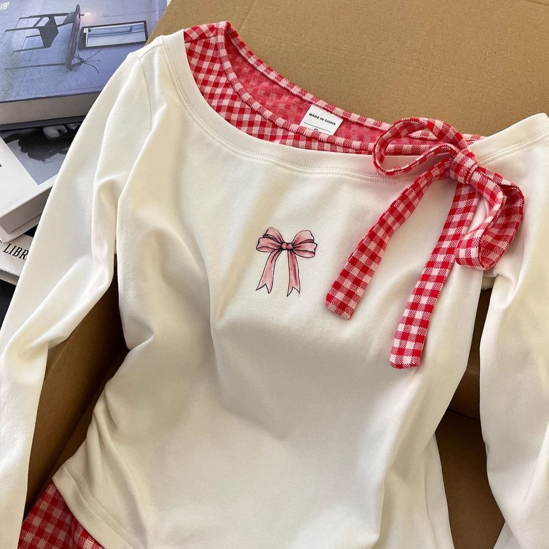 Aesthetic Bow Fake Two-piece Long Sleeve Tee - fairypeony