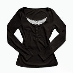 2000s Lace Panel Knit Top – Square Neck Button Detail in 4 Colours S–L