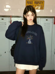 Pure cotton navy blue round-neck pullover for women