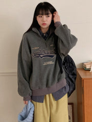 Half-Zip Fleece Sweatshirt Lapel Collar Loose Fit Long Sleeve Top