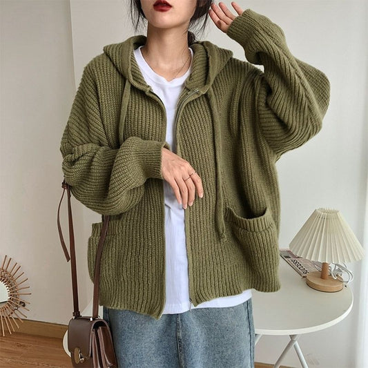 Double Pockets Hooded Knitted Zip Up Cardigan