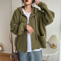 Double Pockets Hooded Knitted Zip Up Cardigan