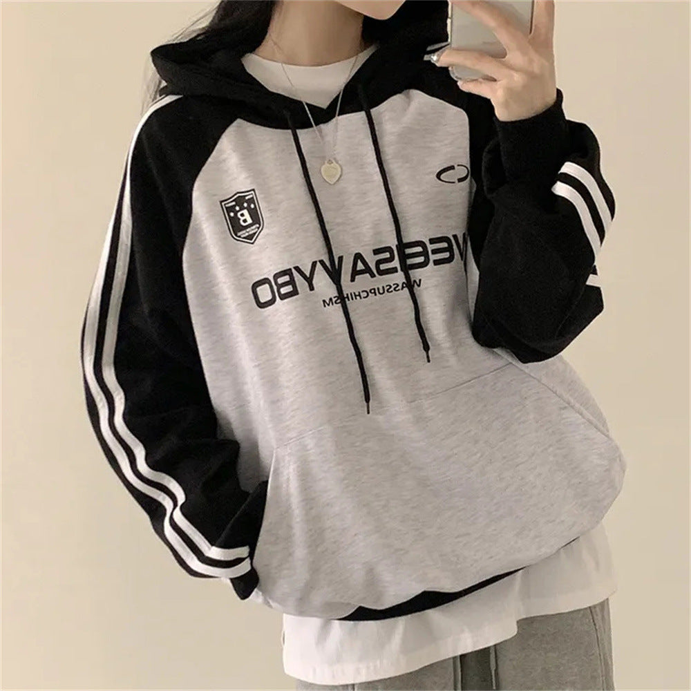 Vintage Logo Print Raglan Striped Sleeve Hoodie