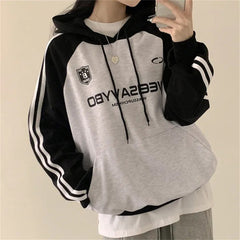 Vintage Logo Print Raglan Striped Sleeve Hoodie