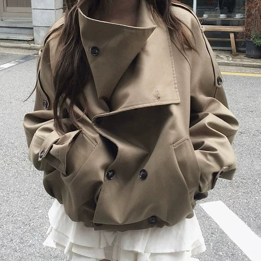 Stand collar double-button short coat in khaki, street style