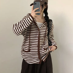 Vintage Striped Loose Hooded Knitted Cardigan