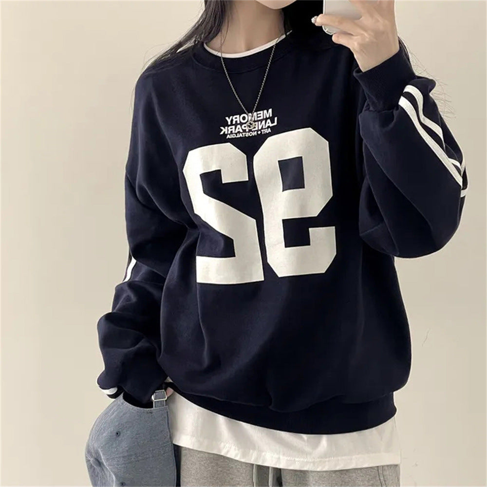 Vintage Number Print Striped Sleeve Sweatshirt - fairypeony