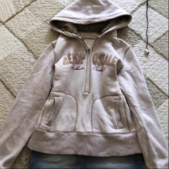 Retro Letter Hooded Zip-Up Sweatshirt – Silver Fox Fleece Lined Hoodie in Gray S–XL