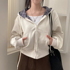Retro Chic Loose Fit Plaid Hooded Zipper Sweatshirt
