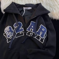 Letter Embroidery Zip Up Oversized Hoodie - fairypeony