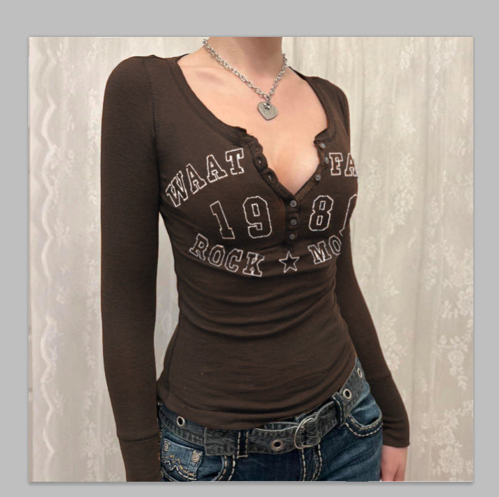 Number Letter Print Breasted Slim Long Sleeve Tee - fairypeony