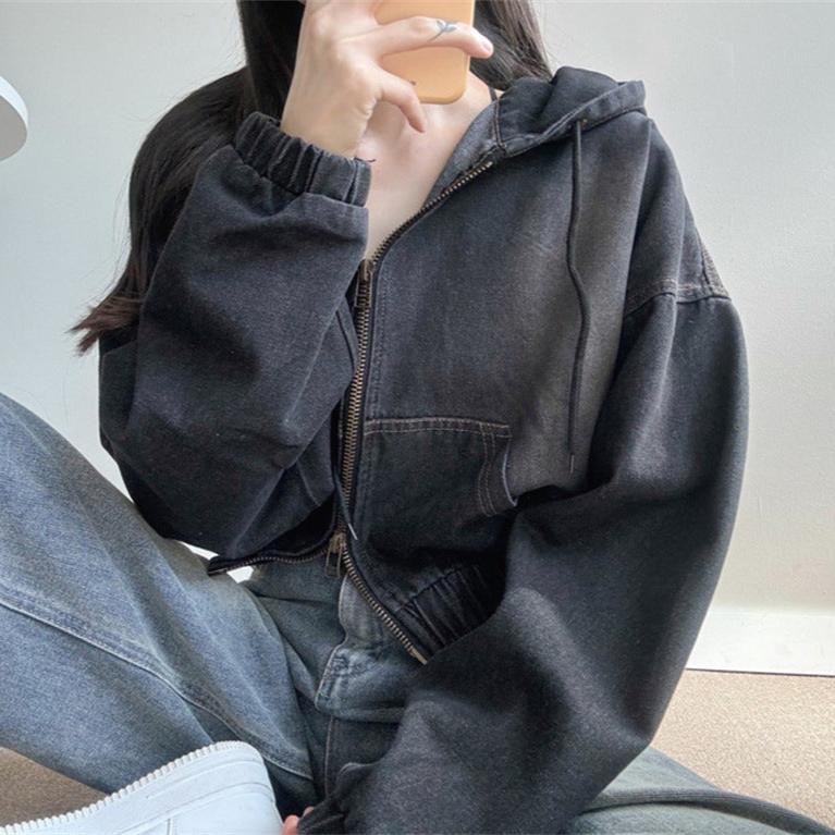 Vintage Denim Oversized Zip Up Hooded Jacket