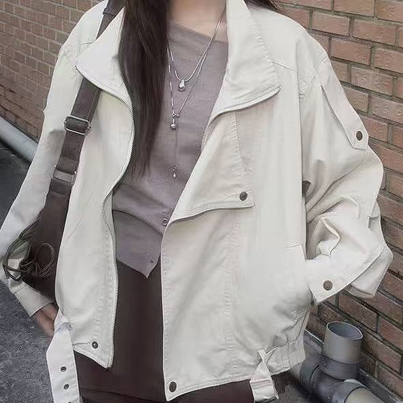 Stand collar relaxed fit woven jacket in beige, open front