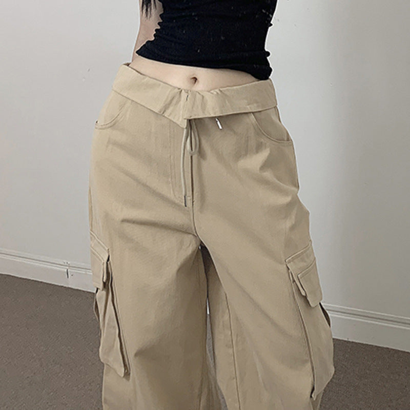 Fold Over Ruched Black Cargo Pants - fairypeony