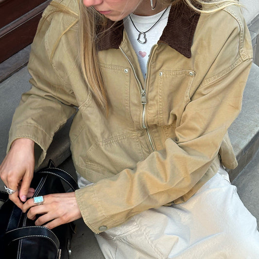 Retro Contrast Collar Zipper Jacket