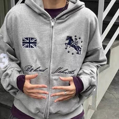 Embroidered oversized zip-up hoodie in gray, embroidery detail