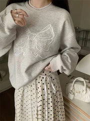 Round Neck Embroidered Bow Pullover Sweatshirt
