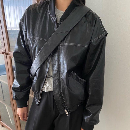 Vintage Sewing Details Pu Leather Zip Up Jacket