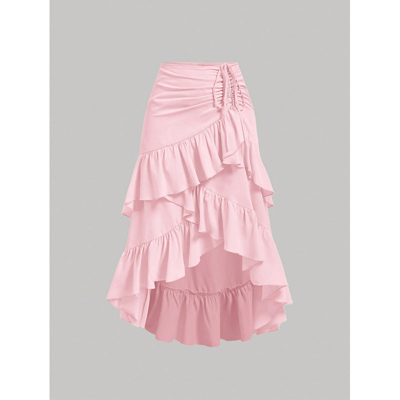 High-Waisted Patchwork Ruffle Hem Skirt - fairypeony