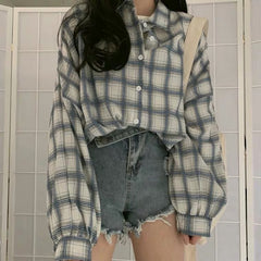 Checkered Puff Sleeve Button Blouse