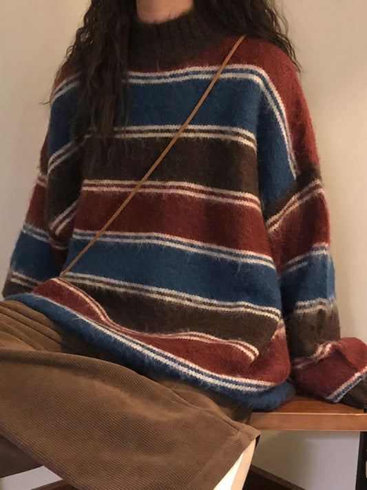 Vintage Striped Crew Neck Pullover Sweater - fairypeony