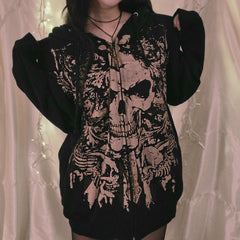 Skull Print Zip Up Oversized Hoodie - fairypeony