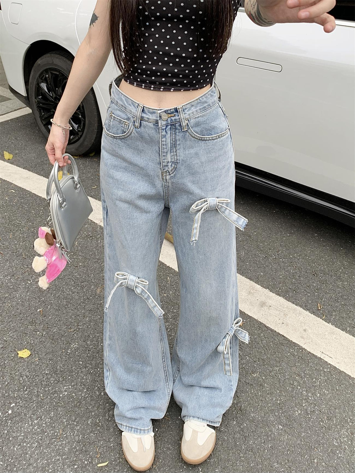Denim Bow High Waist Wide Leg Jeans