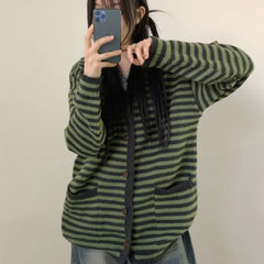 Vintage Striped Loose Hooded Knitted Cardigan