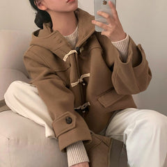 Vintage Duffle Button Hooded Wool Coat