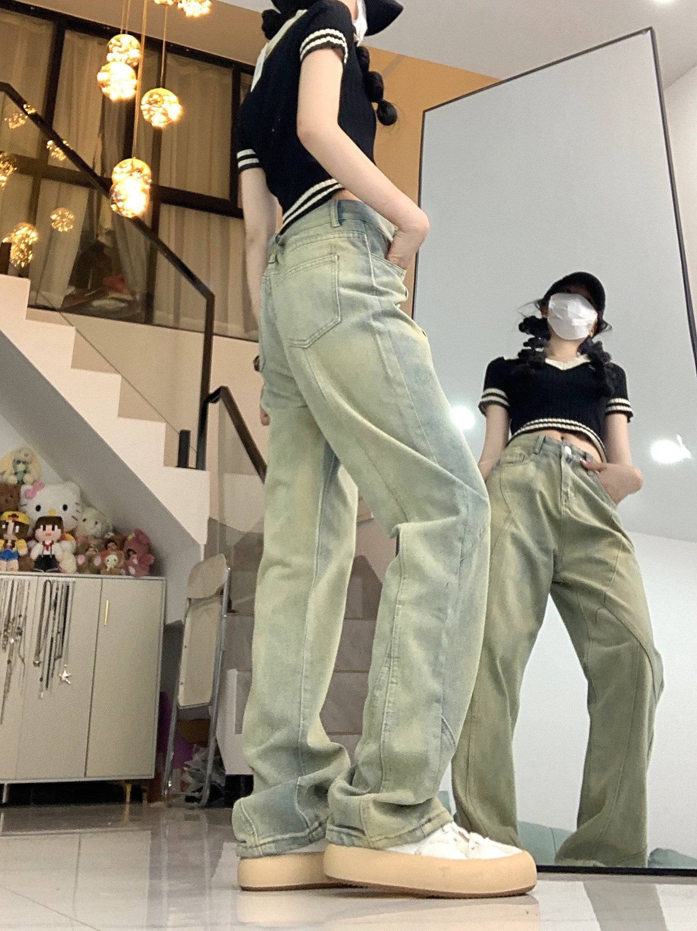 Faded Wash Paneled Seam Jeans - fairypeony