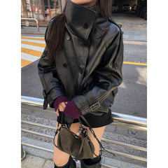 High-Neck Faux Leather Windbreaker Jacket – Loose Fit Trench-Style Coat