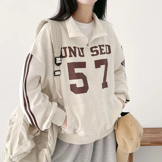 Vintage Number Print Oversized Zip Up Jacket