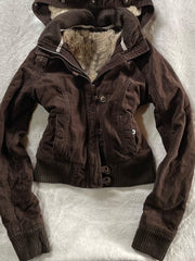 Brown Hooded Waist-Cinching Jacket