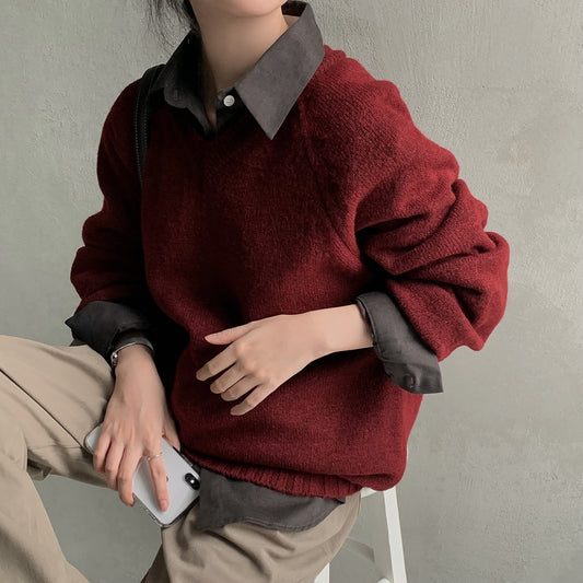 Solid Color V-Neck Loose Sweater