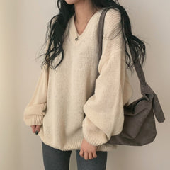 V-Neck Solid Color Pullover Sweater