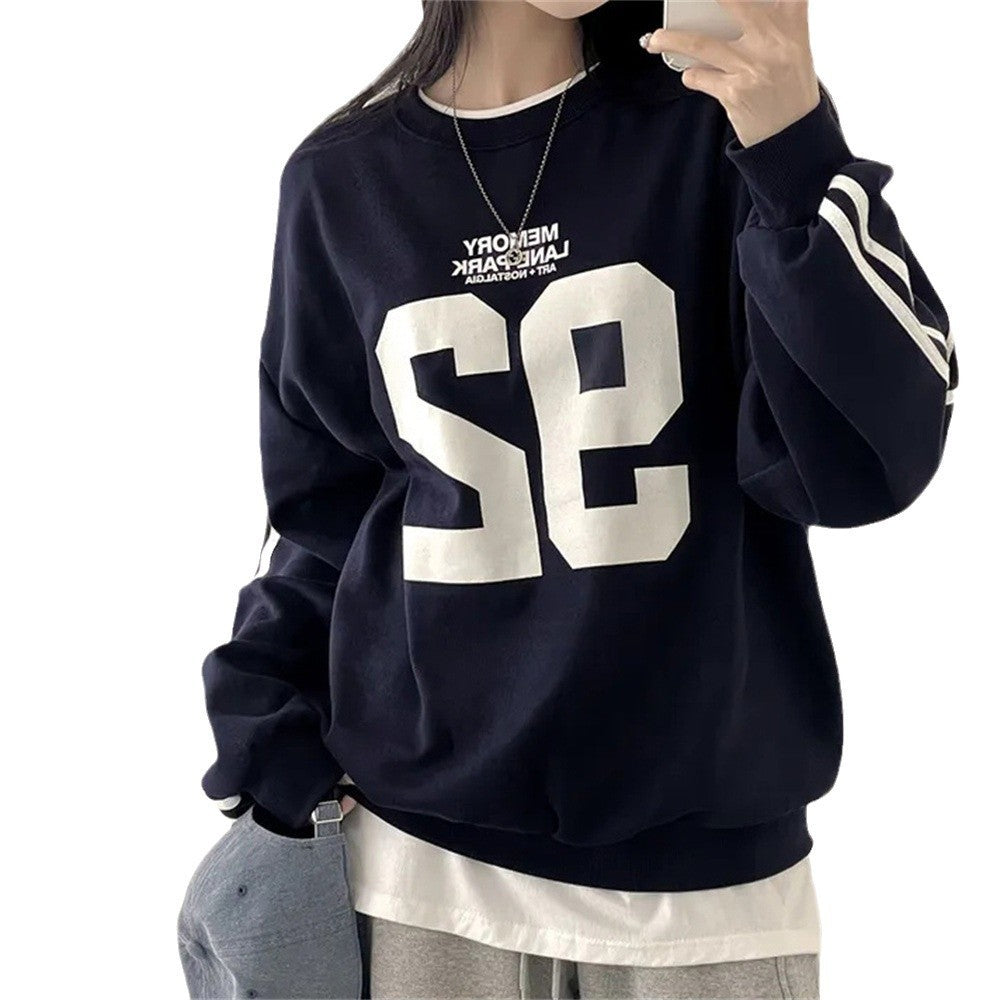 Vintage Number Print Striped Sleeve Sweatshirt - fairypeony