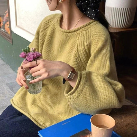 Vintage Round Neck Solid Color Oversized Sweater - fairypeony