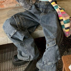 Washed Irregular Pocket Splice Cargo Jeans - fairypeony