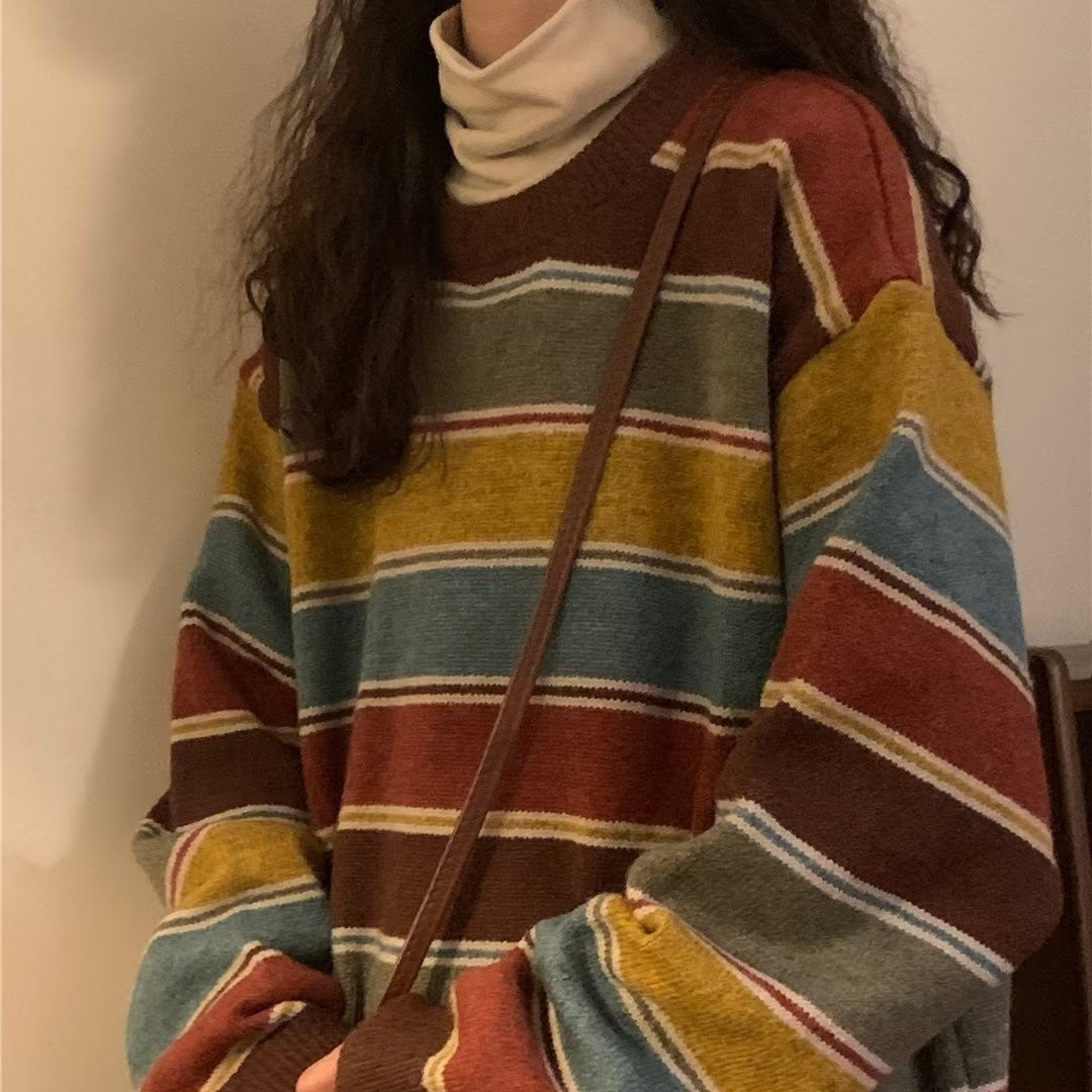 Vintage Round Neck Striped Oversized Sweater
