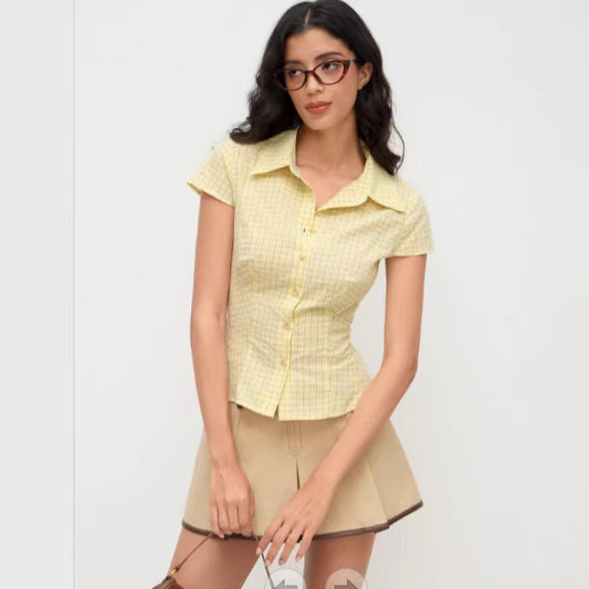 2000s Plaid Color Block Slim Fit Shirt – Short Sleeve Button-Down, S–XL
