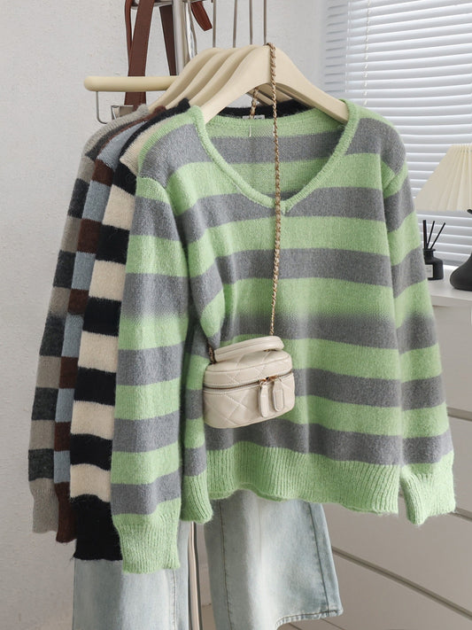 Korean version V-neck color-block striped loose knit sweater