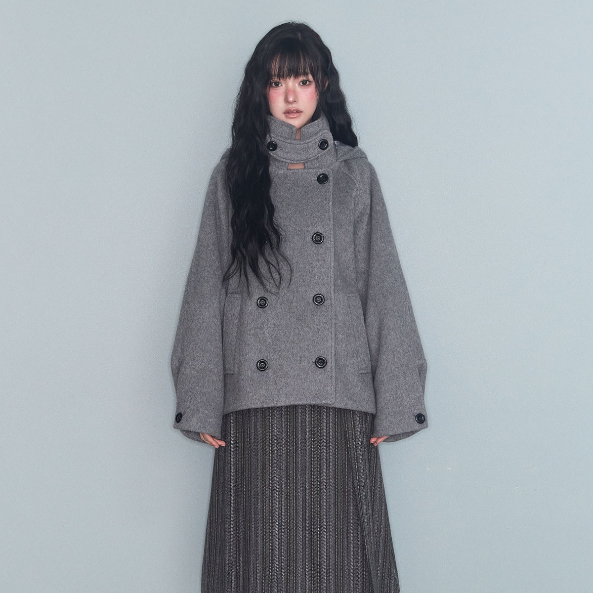 Womens Double Breasted Wool Blend Coat with Hood