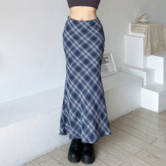 Vintage Blue Plaid Maxi Skirt